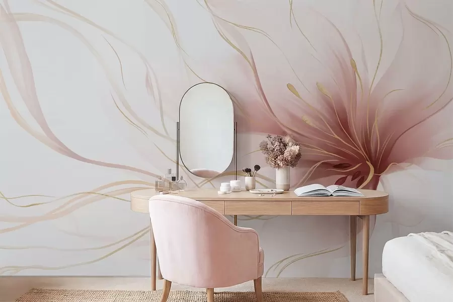 fototapeter En abstrakt lyserød blomst med flydende linjer i Fluid Art-stilen w05428v1