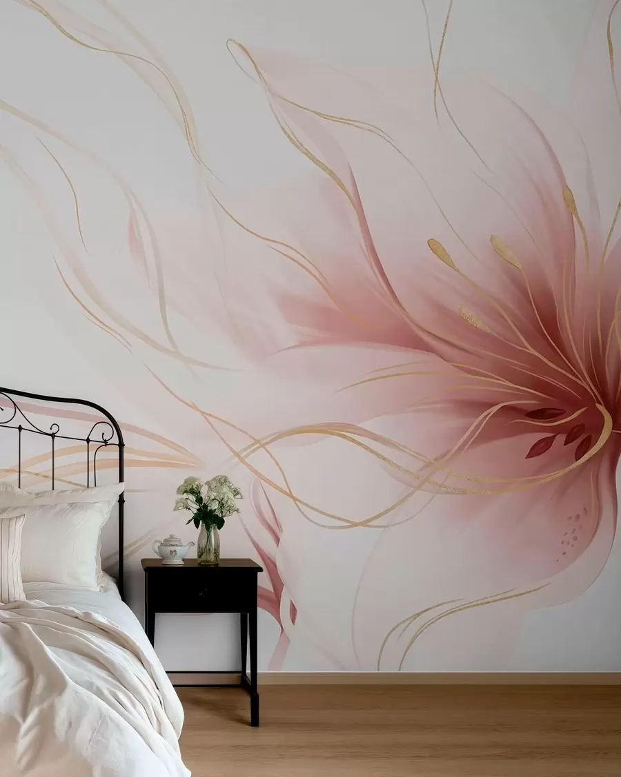 Murale Une fleur rose abstraite aux lignes fluides, dans le style Fluid Art w05428v1