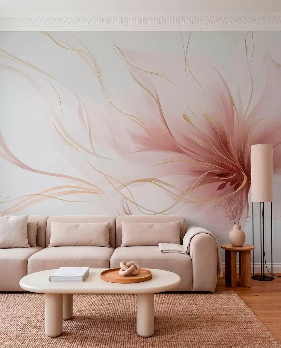 Murale Une fleur rose abstraite aux lignes fluides, dans le style Fluid Art w05428v1