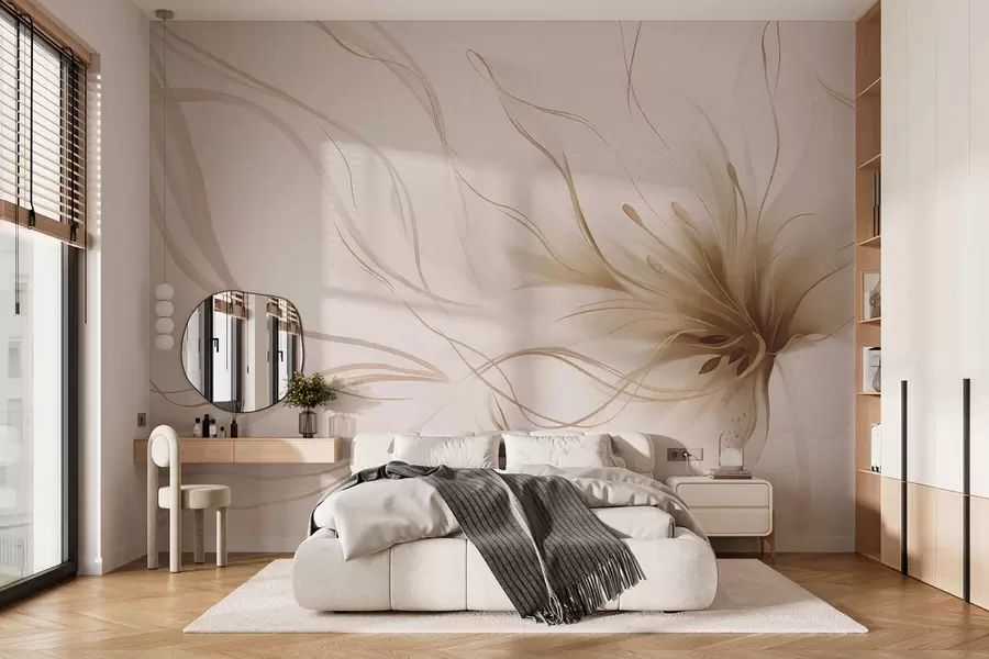 fototapeter En abstrakt beige blomst med flydende linjer i Fluid Art-stilen w05428v2