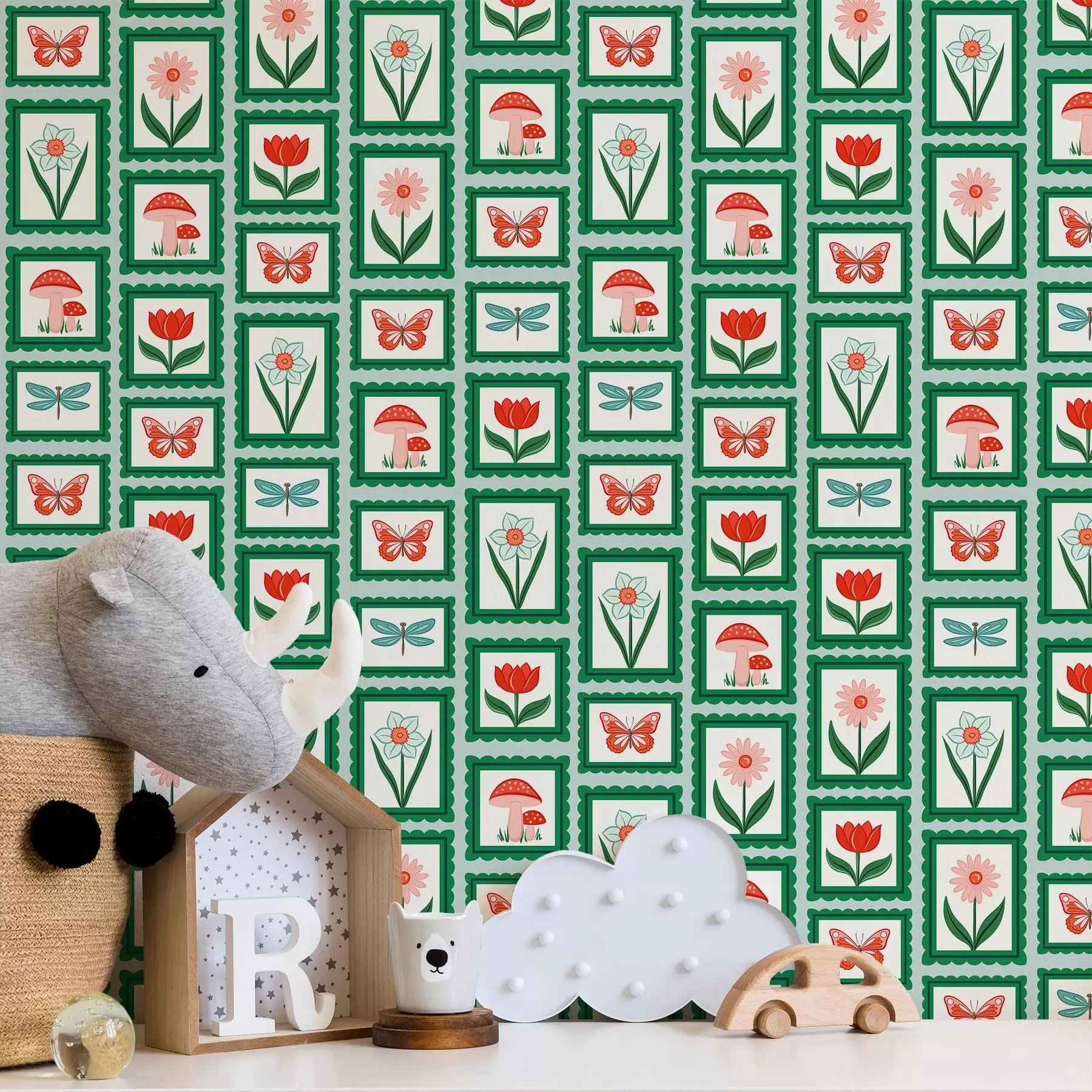 fototapeter Blomster, svampe og sommerfugle i rammer a01175