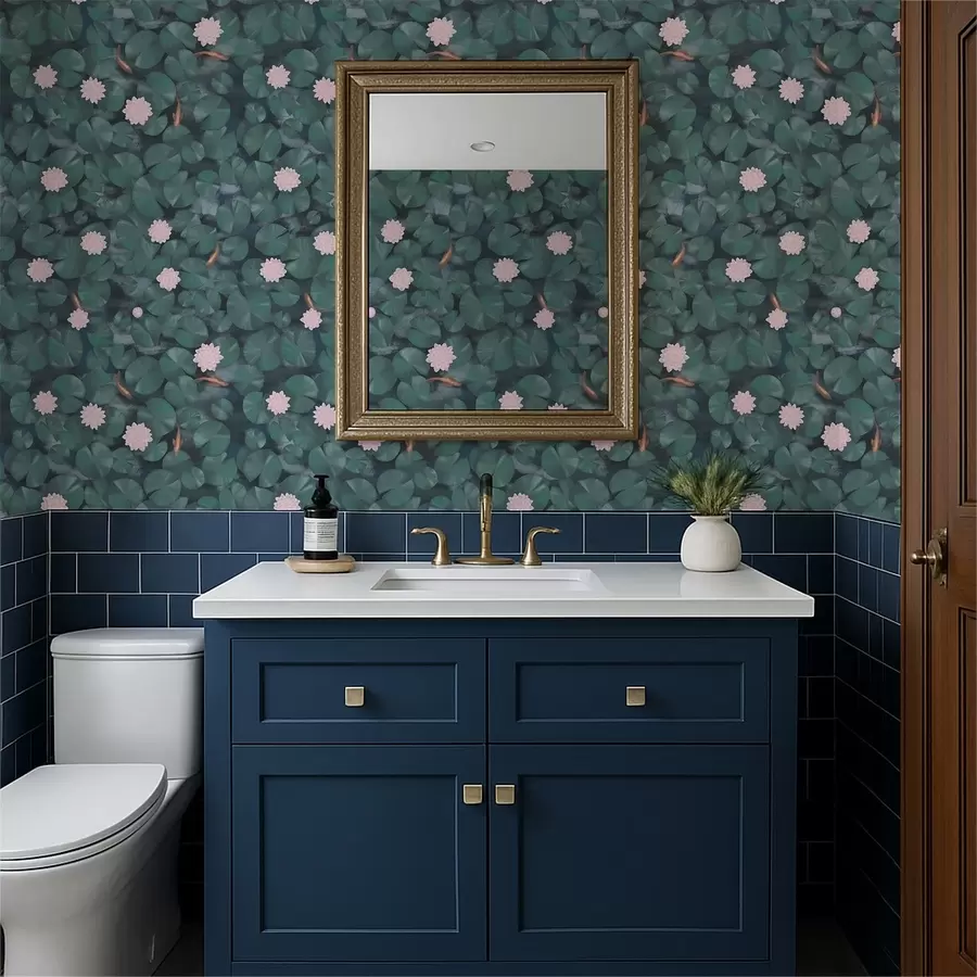 Fototapete Seerosen mit Blüten und Fischen auf dunklem Hintergrund a01177