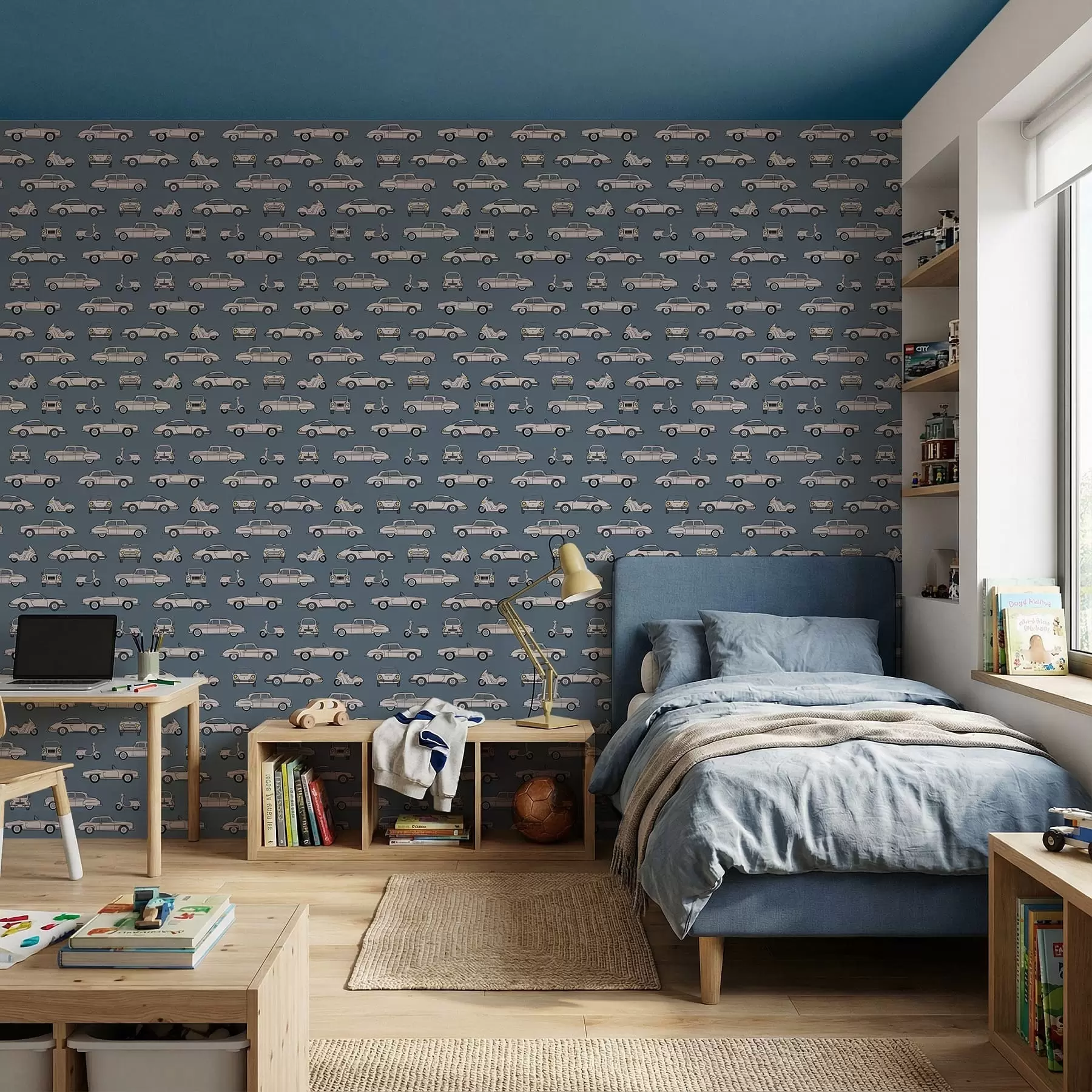 fototapeter Retrobiler og scootere på blå baggrund a01178