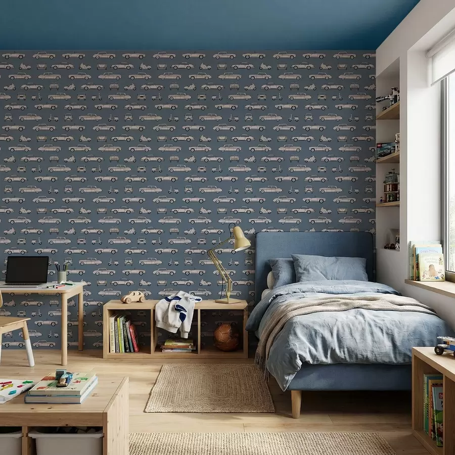 fototapeter Retrobiler og scootere på blå baggrund a01178