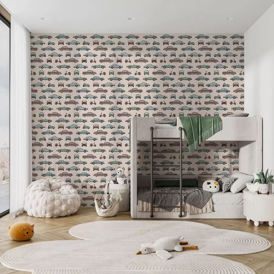 fototapeter Retrobiler og scootere på beige baggrund a01178v1