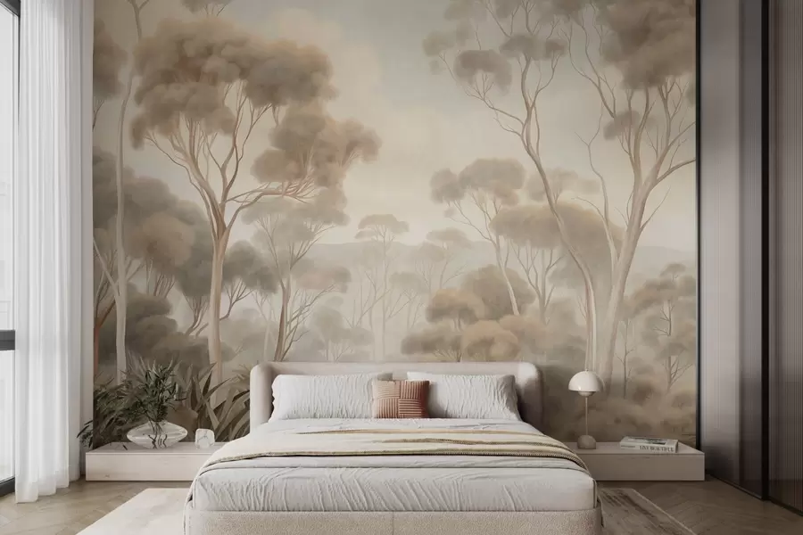 fototapeter Et tåget skovlandskab med høje eukalyptustræer og bølgende bakker under en overskyet himmel, tekstureret kunst w09822