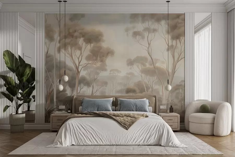 Murale Un paysage forestier brumeux avec de grands eucalyptus, des collines ondulantes sous un ciel nuageux, illustration texturée w09822