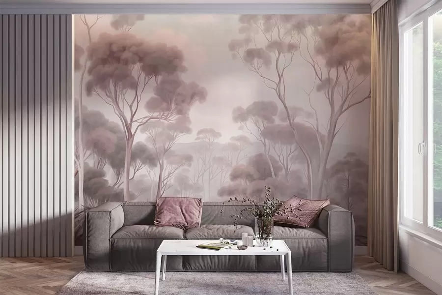 fototapeter Et tåget skovlandskab med høje eukalyptustræer og bølgende bakker under en overskyet himmel, tekstureret kunst w09822v1