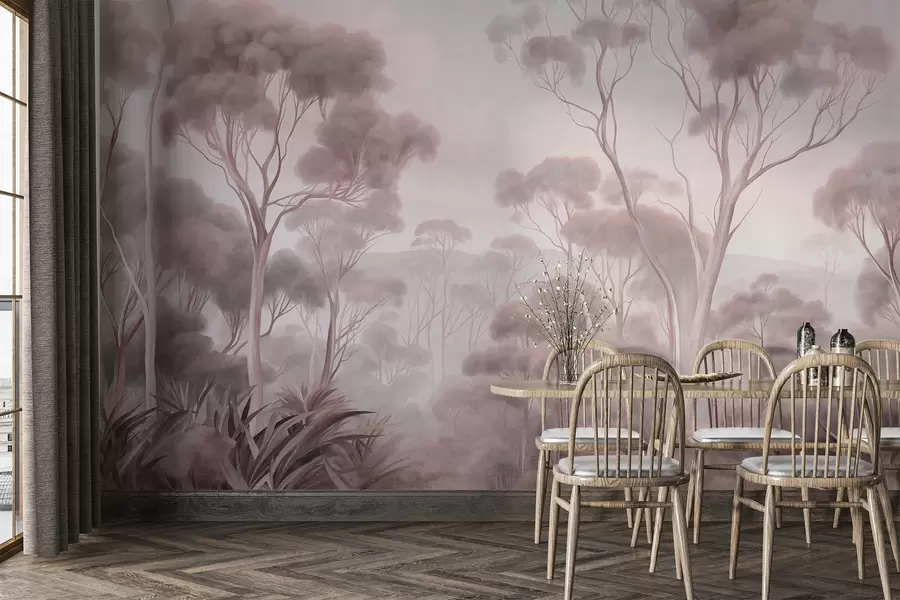 fototapeter Et tåget skovlandskab med høje eukalyptustræer og bølgende bakker under en overskyet himmel, tekstureret kunst w09822v1