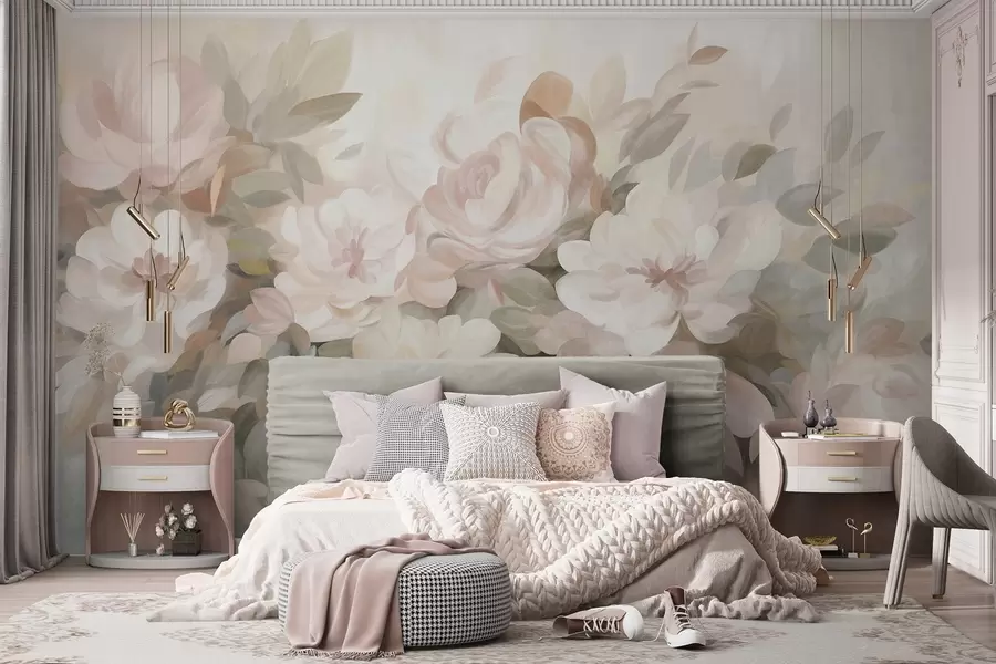 fototapeter Lyserøde og hvide blomster med grønne blade, malet stil, impressionistisk stil, tekstureret kunst w09824