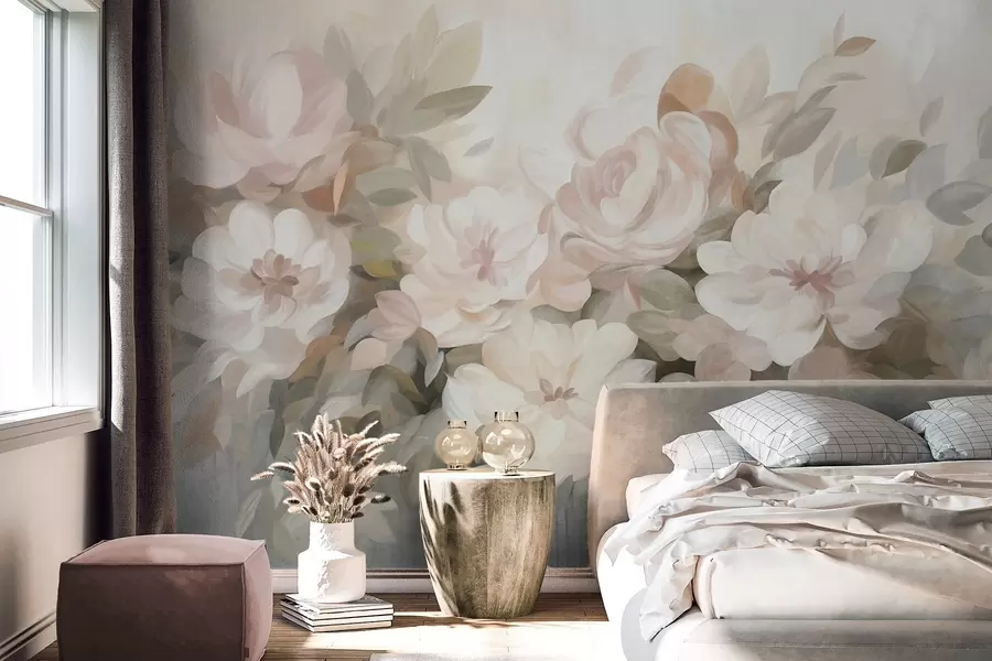 fototapeter Lyserøde og hvide blomster med grønne blade, malet stil, impressionistisk stil, tekstureret kunst w09824
