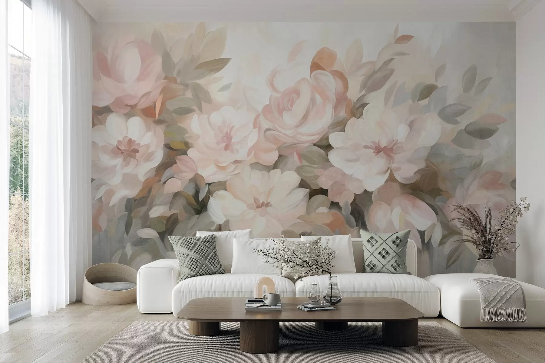 Murale Fleurs rose pâle et blanches avec des feuilles vertes, style peint, style impressionniste, art texturé w09824