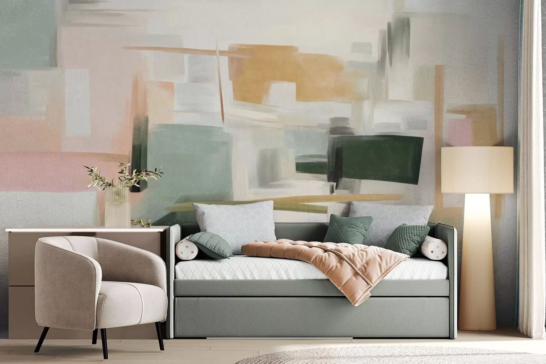 fototapeter En abstrakt, minimalistisk malestil med bløde pastelfarver, geometriske former og linjer w09828