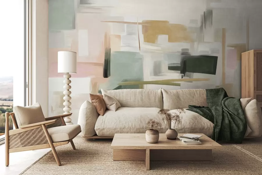 fototapeter En abstrakt, minimalistisk malestil med bløde pastelfarver, geometriske former og linjer w09828