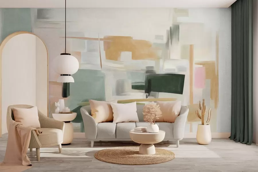 fototapeter En abstrakt, minimalistisk malestil med bløde pastelfarver, geometriske former og linjer w09828
