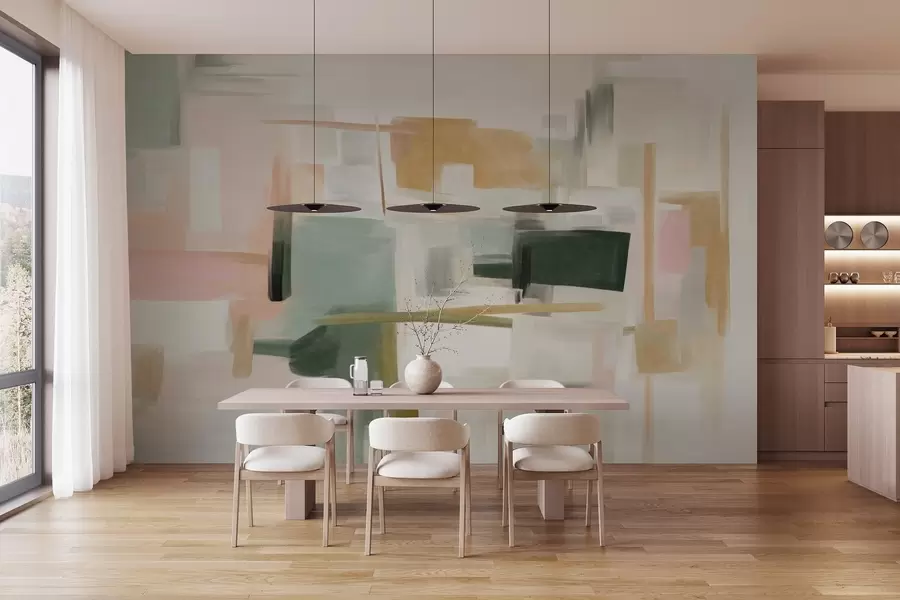 fototapeter En abstrakt, minimalistisk malestil med bløde pastelfarver, geometriske former og linjer w09828