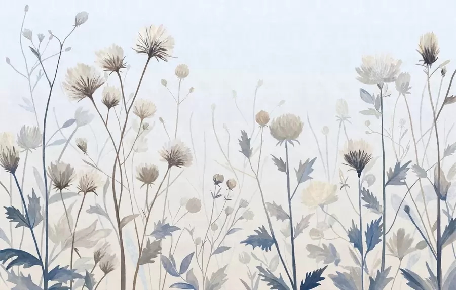 fototapeter Vilde markgræsser og blomster malet i en malerisk stil på en lys baggrund w05563