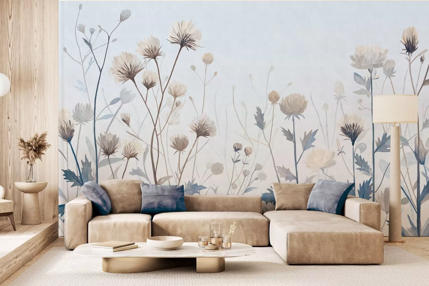 Murale Des herbes et des fleurs sauvages peintes dans un style pittoresque sur un fond clair w05563