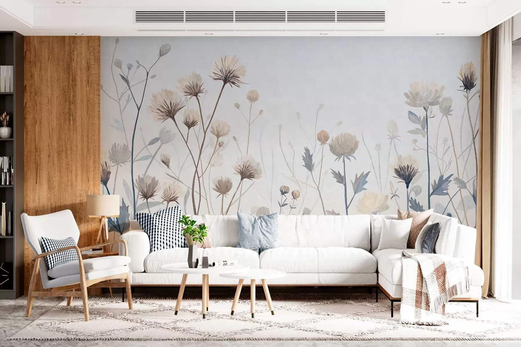 Murale Des herbes et des fleurs sauvages peintes dans un style pittoresque sur un fond clair w05563