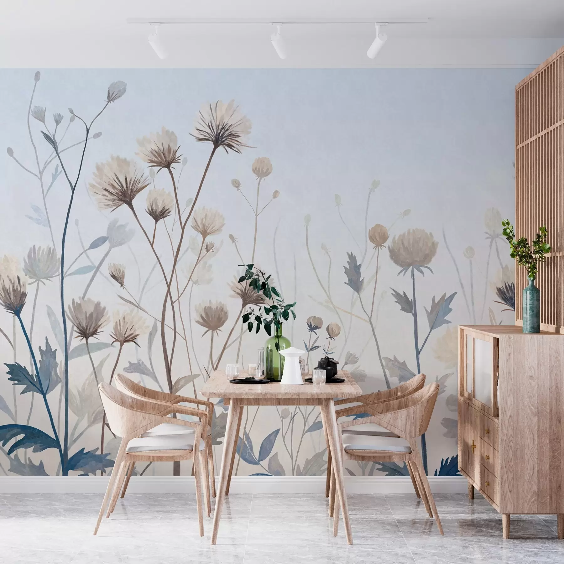 fototapeter Vilde markgræsser og blomster malet i en malerisk stil på en lys baggrund w05563