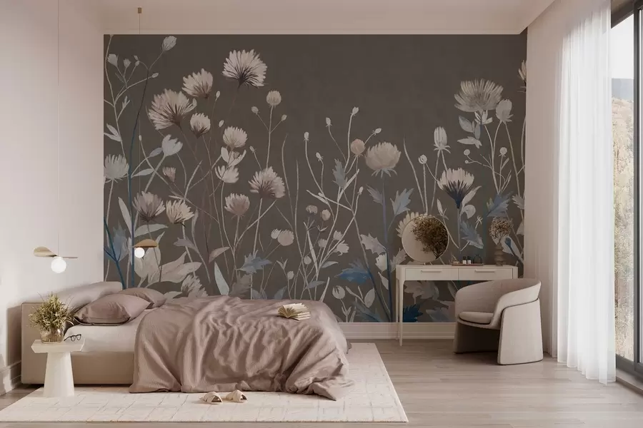 fototapeter Vilde markgræsser og blomster, gengivet i en malerisk stil på en gråbrun baggrund w05563v2
