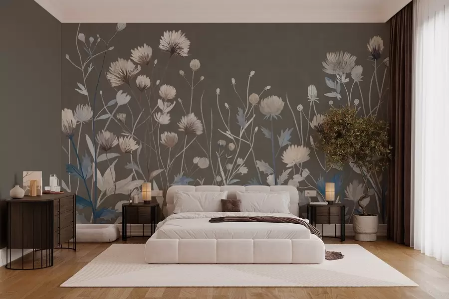 Murale Des herbes et des fleurs sauvages représentées dans un style pictural sur un fond gris-brun w05563v2
