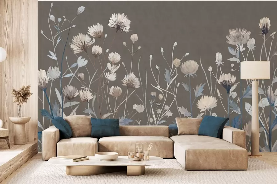 Murale Des herbes et des fleurs sauvages représentées dans un style pictural sur un fond gris-brun w05563v2