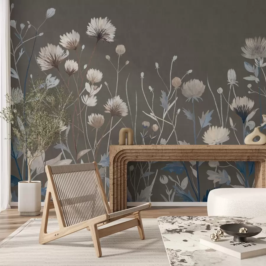 fototapeter Vilde markgræsser og blomster, gengivet i en malerisk stil på en gråbrun baggrund w05563v2