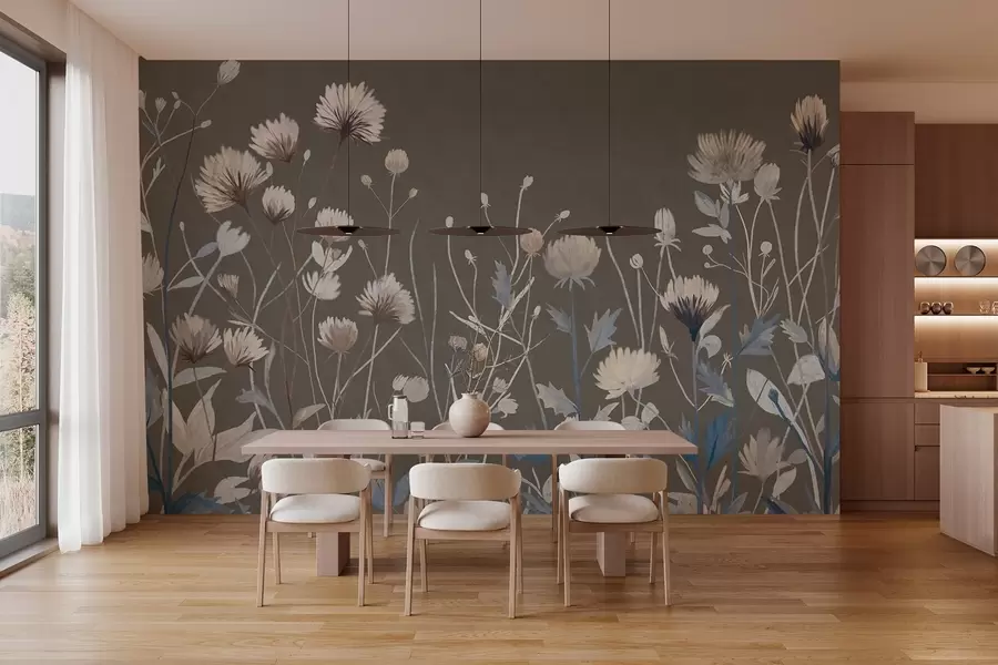 fototapeter Vilde markgræsser og blomster, gengivet i en malerisk stil på en gråbrun baggrund w05563v2