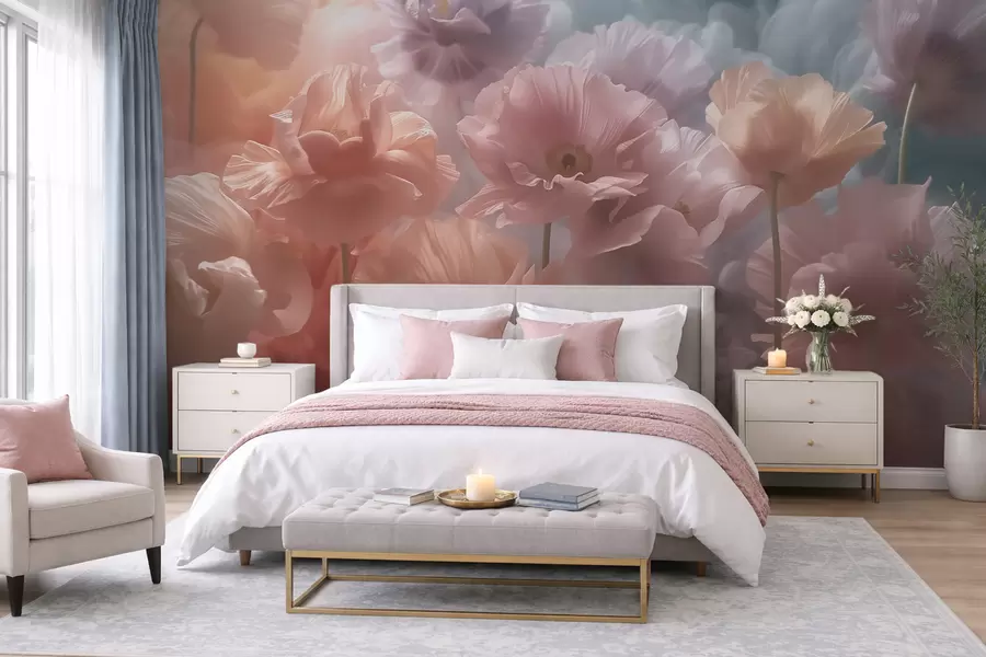fototapeter Luftige blomster med gennemsigtige kronblade i det blide morgenlys w09847