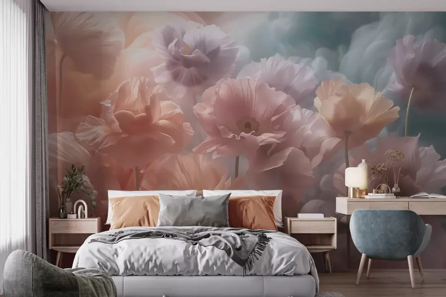 fototapeter Luftige blomster med gennemsigtige kronblade i det blide morgenlys w09847
