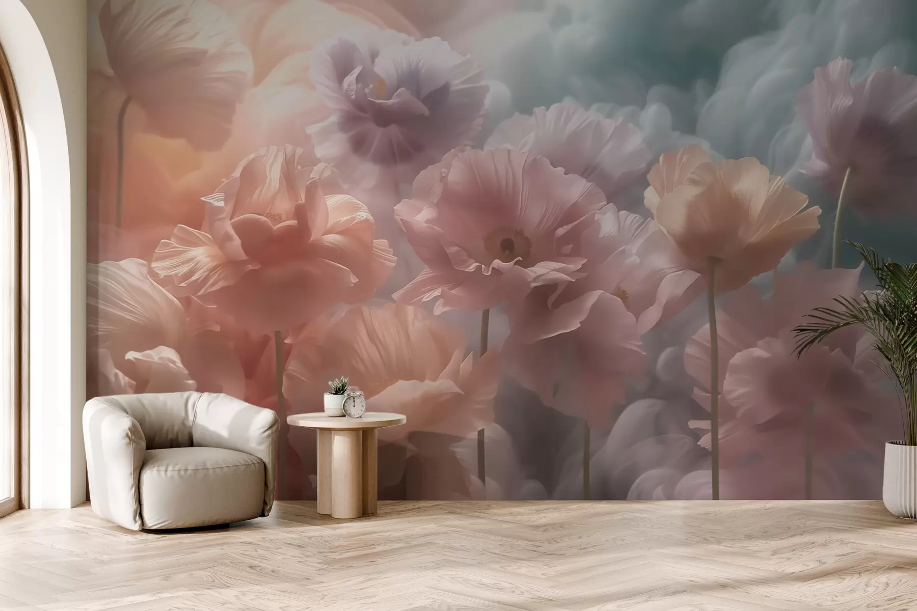 fototapeter Luftige blomster med gennemsigtige kronblade i det blide morgenlys w09847