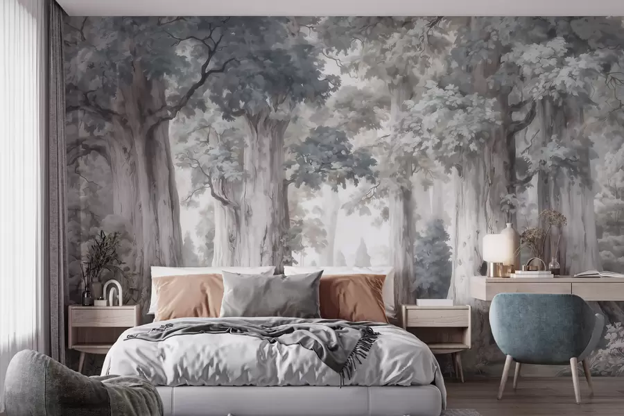 Murale Une forêt féérique avec de grands arbres et une palette de couleurs douces et discrètes, dans un style aquarelle w09849