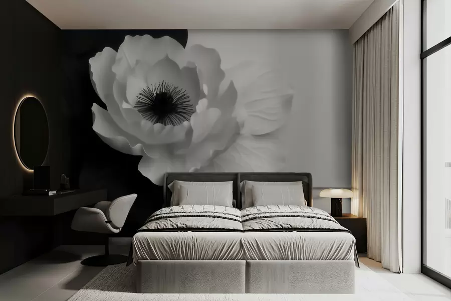 fototapeter En kontrastrig hvid blomst med mørkt midterfelt på en sort-hvid baggrund w09852