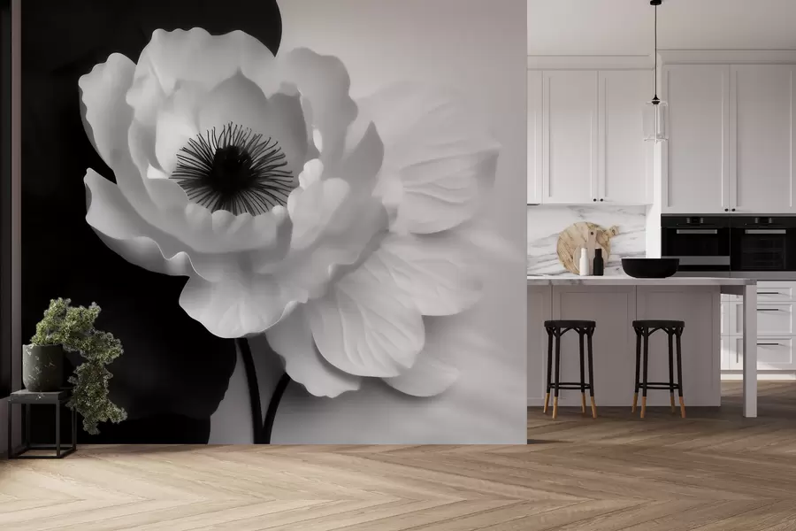 fototapeter En kontrastrig hvid blomst med mørkt midterfelt på en sort-hvid baggrund w09852