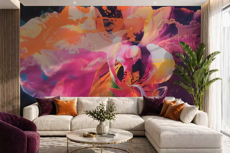 Murale Une fleur d'orchidée abstraite aux couleurs vives et aux formes dynamiques, dans un style aquarelle w09855