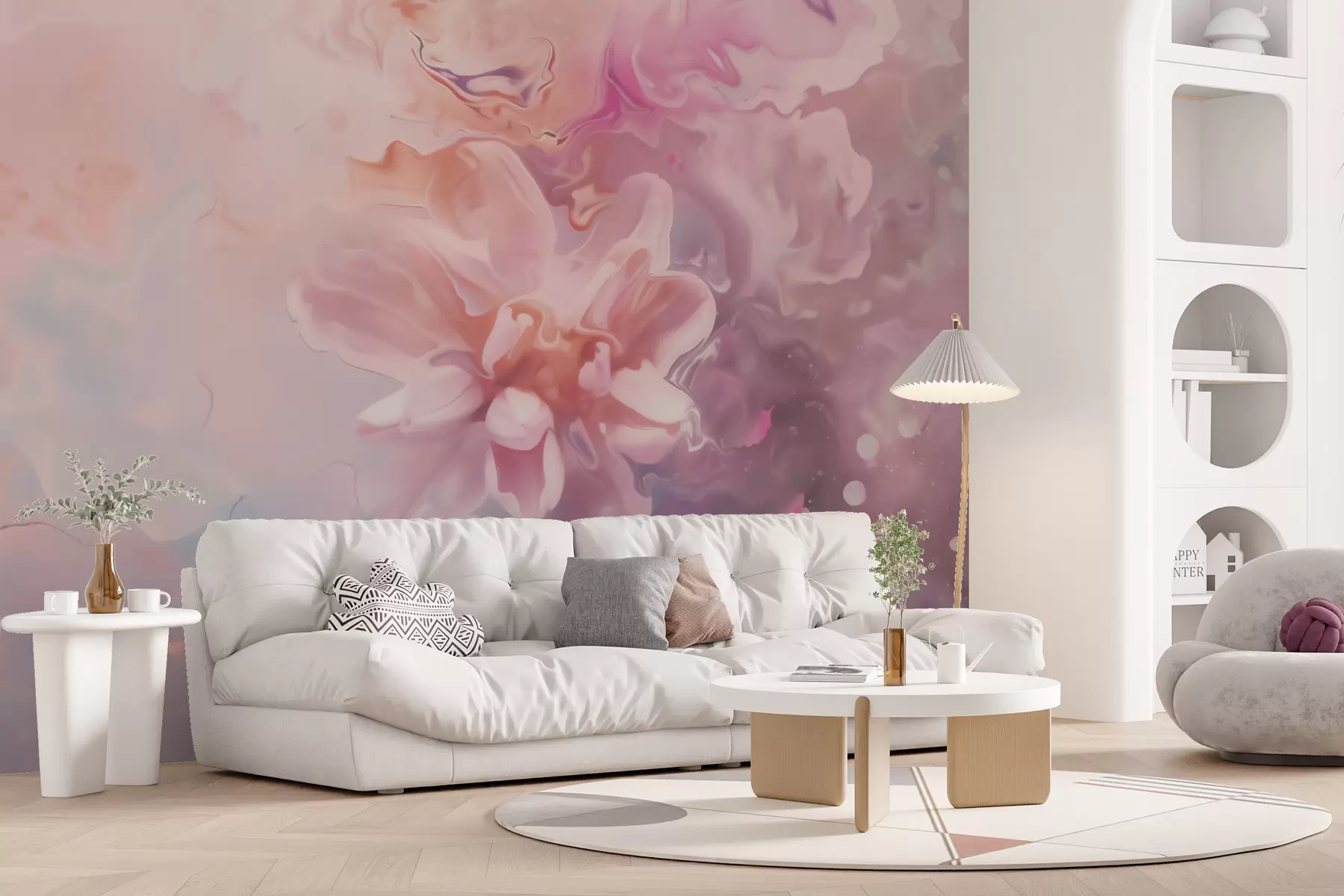 fototapeter Et abstrakt motiv med en blomst og bløde lyserøde farveflader i akvarelstil w09859