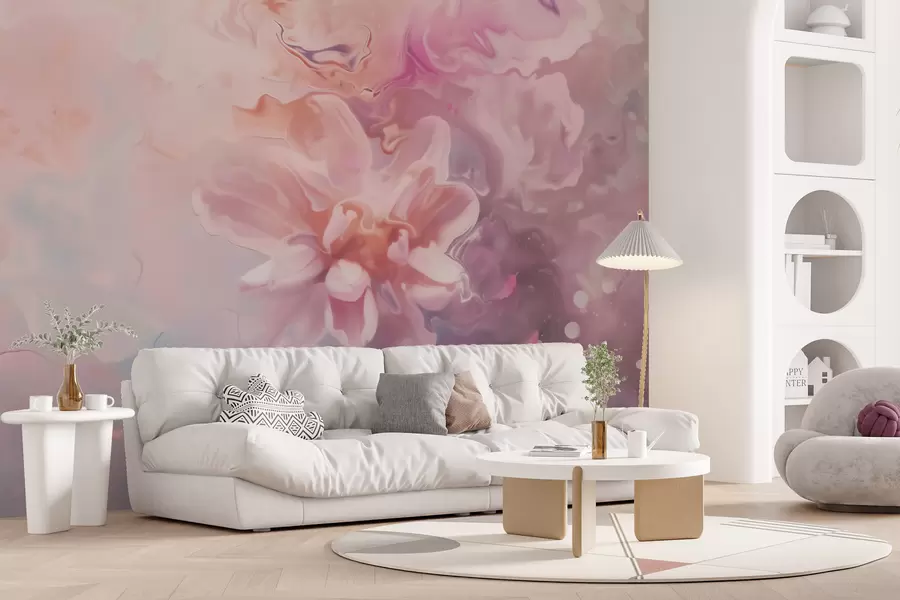 fototapeter Et abstrakt motiv med en blomst og bløde lyserøde farveflader i akvarelstil w09859