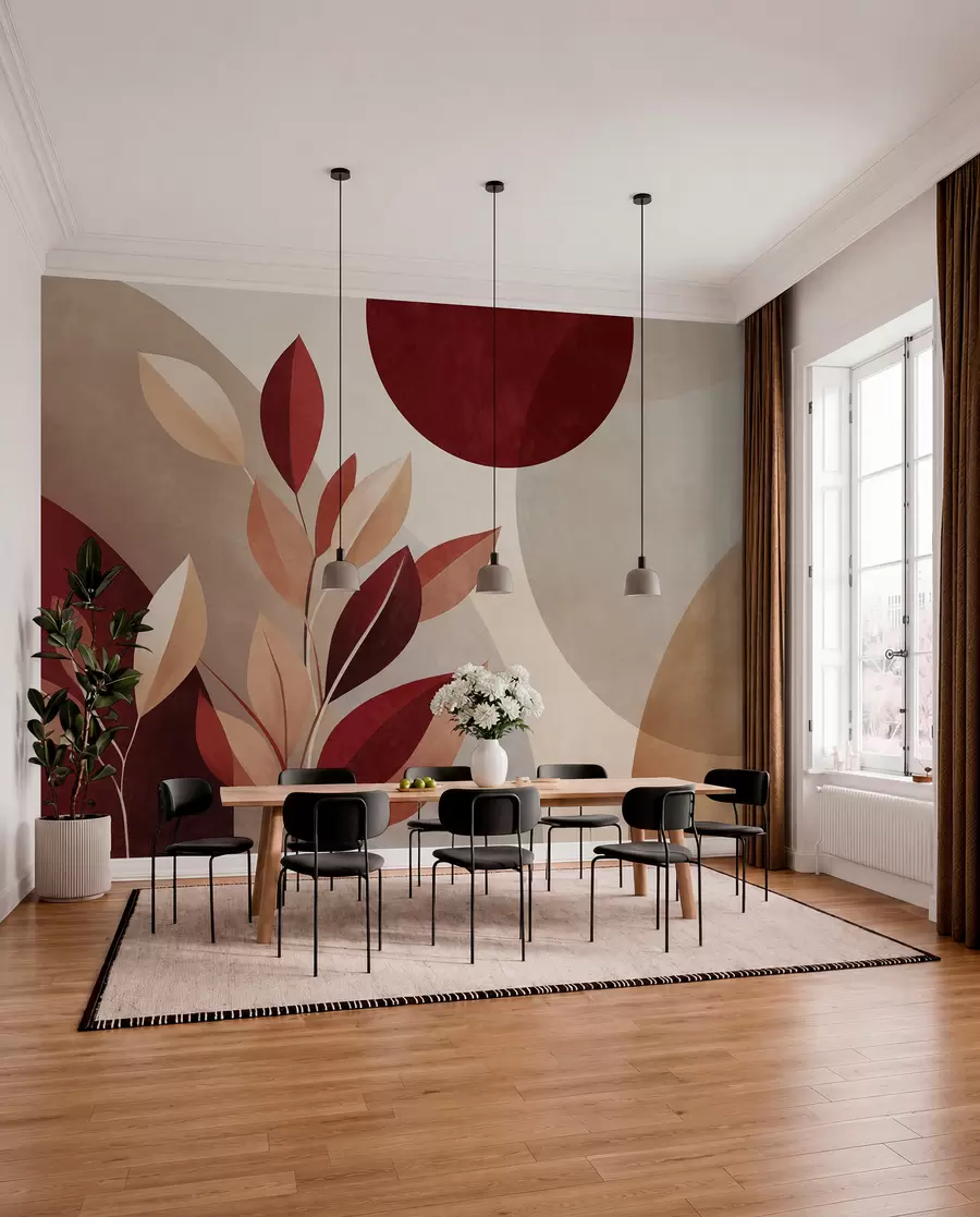 fototapeter Teksturerede bordeaux- og beigefarvede blade på en baggrund af abstrakte former, minimalisme, moderne kunst w09829