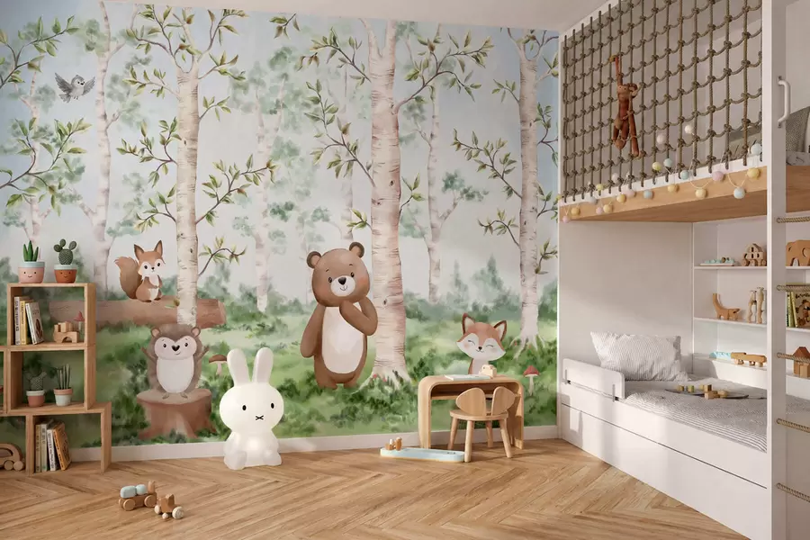 fototapeter En børneillustration af en skov med en bjørn, en ræv og et pindsvin w05532