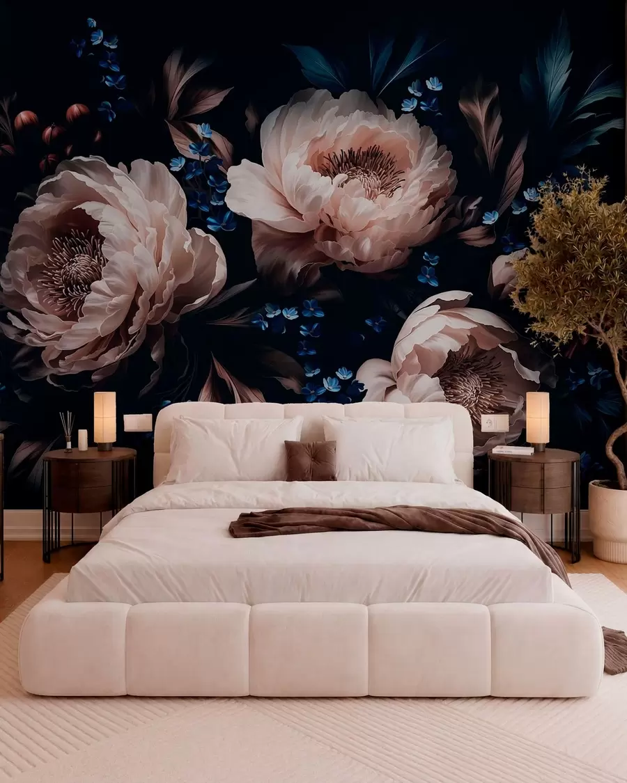 Murale Composition florale sombre composée de grandes fleurs et de feuilles w05533