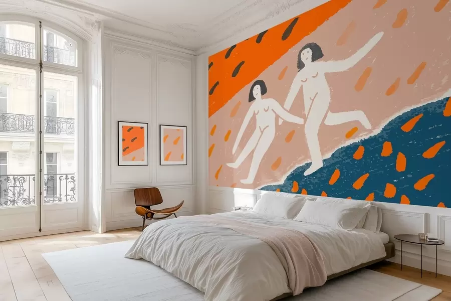 Murale art contemporain : deux femmes courant le long de la côte w05564