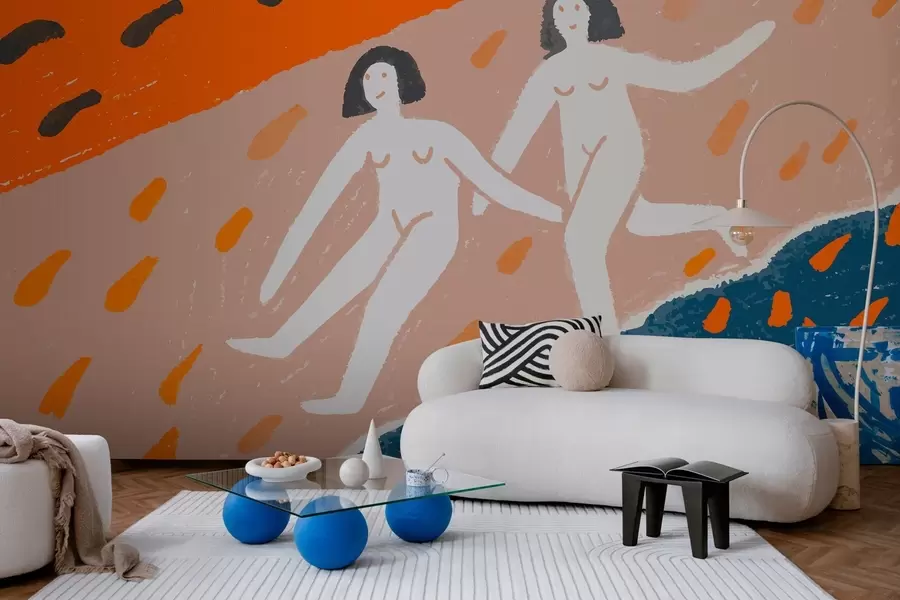 Murale art contemporain : deux femmes courant le long de la côte w05564