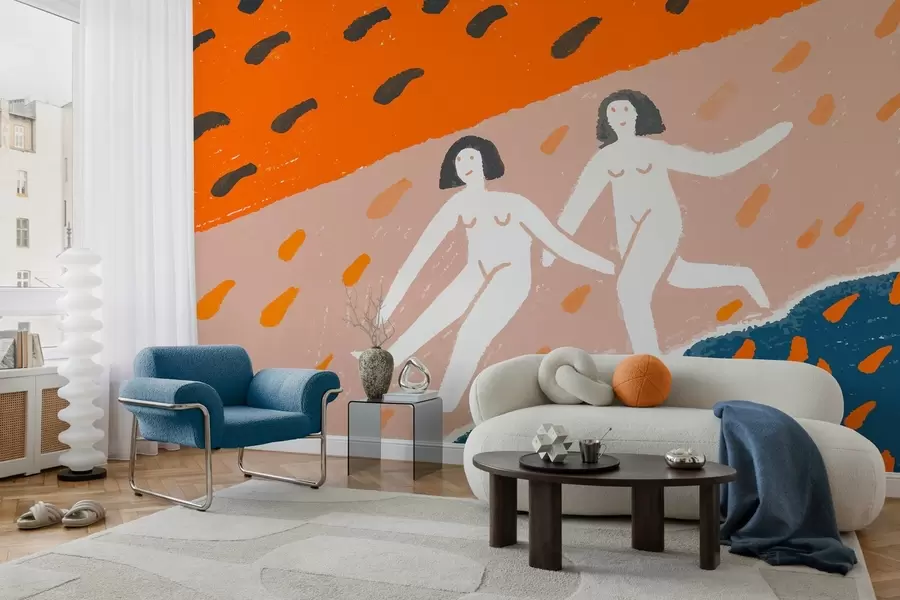Murale art contemporain : deux femmes courant le long de la côte w05564