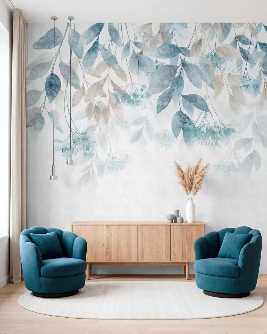 Murale des feuilles texturées tombant en cascade, ornées de fleurs dans des tons turquoise et beige w05565