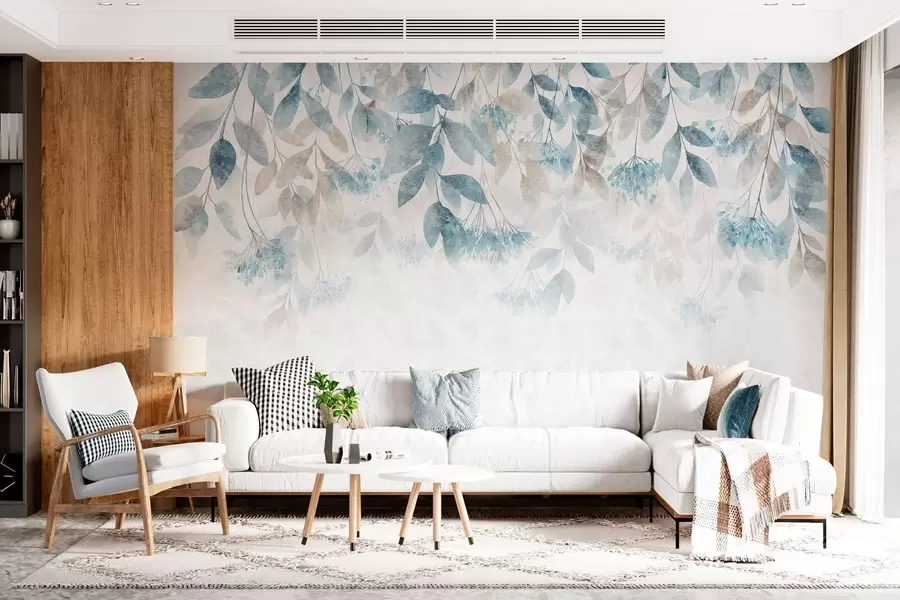 Murale des feuilles texturées tombant en cascade, ornées de fleurs dans des tons turquoise et beige w05565