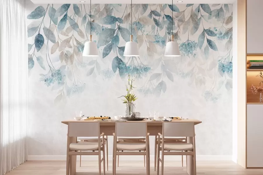 Murale des feuilles texturées tombant en cascade, ornées de fleurs dans des tons turquoise et beige w05565