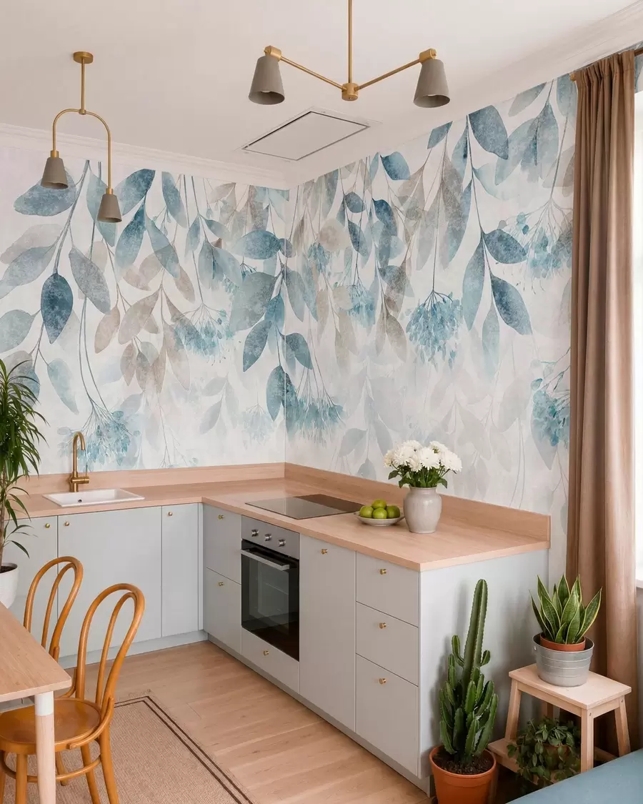 Murale des feuilles texturées tombant en cascade, ornées de fleurs dans des tons turquoise et beige w05565