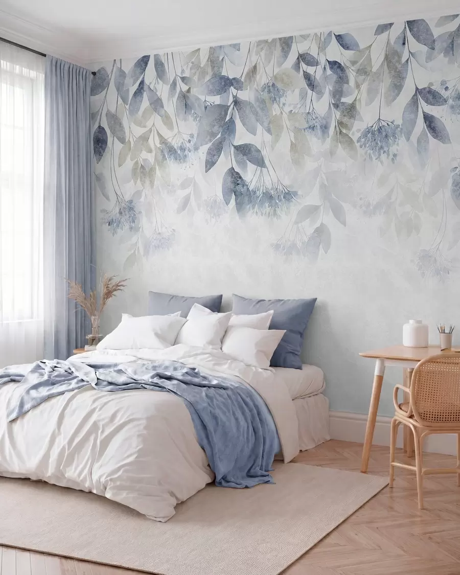 fototapeter strukturerede, faldende blade med blomster i nuancer af blå og beige w05565v1