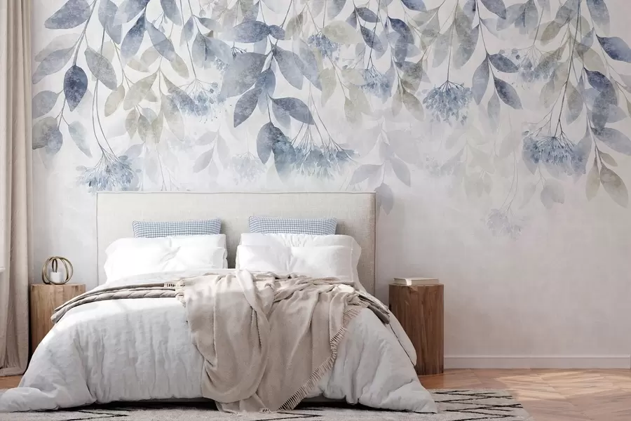 fototapeter strukturerede, faldende blade med blomster i nuancer af blå og beige w05565v1